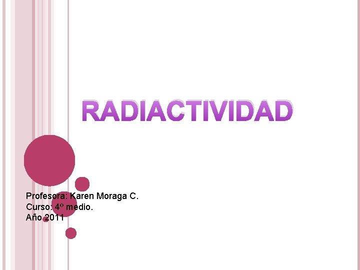 RADIACTIVIDAD Profesora: Karen Moraga C. Curso: 4º medio. Año 2011 