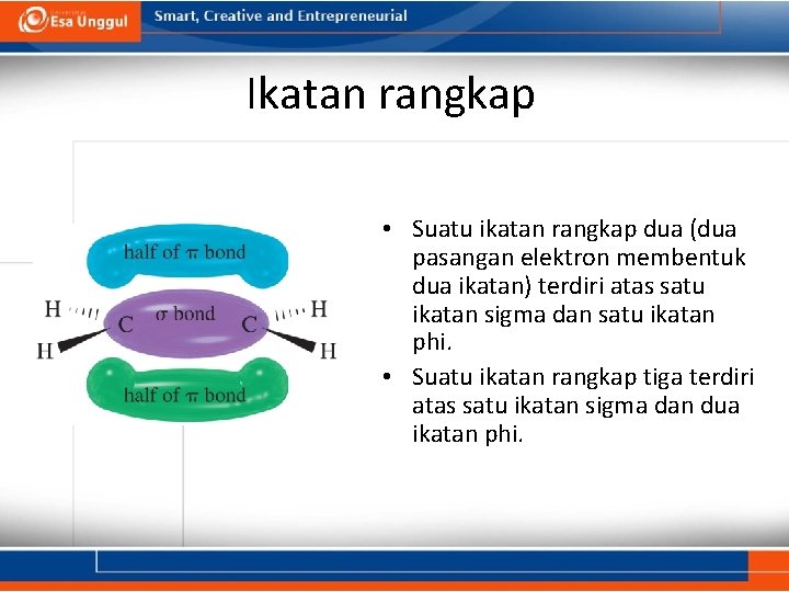 Ikatan rangkap • Suatu ikatan rangkap dua (dua pasangan elektron membentuk dua ikatan) terdiri