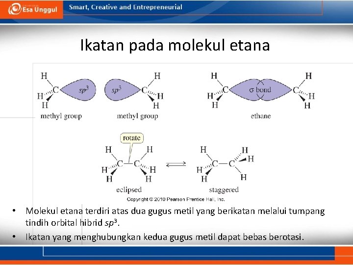 Ikatan pada molekul etana • Molekul etana terdiri atas dua gugus metil yang berikatan