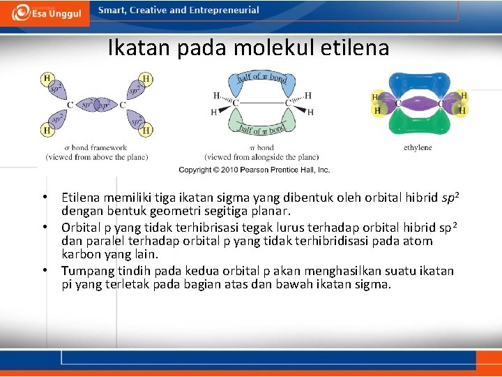 Ikatan pada molekul etilena • Etilena memiliki tiga ikatan sigma yang dibentuk oleh orbital