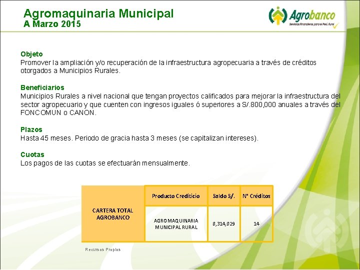 Agromaquinaria Municipal A Marzo 2015 Objeto Promover la ampliación y/o recuperación de la infraestructura