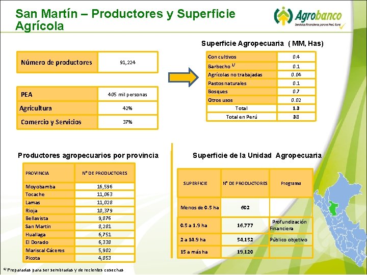 San Martín – Productores y Superficie Agrícola Superficie Agropecuaria ( MM, Has) Número de San Martín – Productores y Superficie Agrícola Superficie Agropecuaria ( MM, Has) Número de