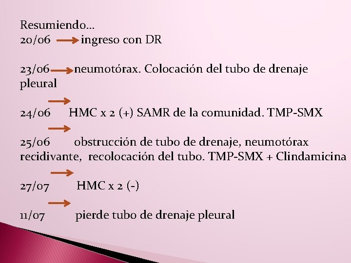 Resumiendo… 20/06 ingreso con DR 23/06 pleural 24/06 neumotórax. Colocación del tubo de drenaje Resumiendo… 20/06 ingreso con DR 23/06 pleural 24/06 neumotórax. Colocación del tubo de drenaje
