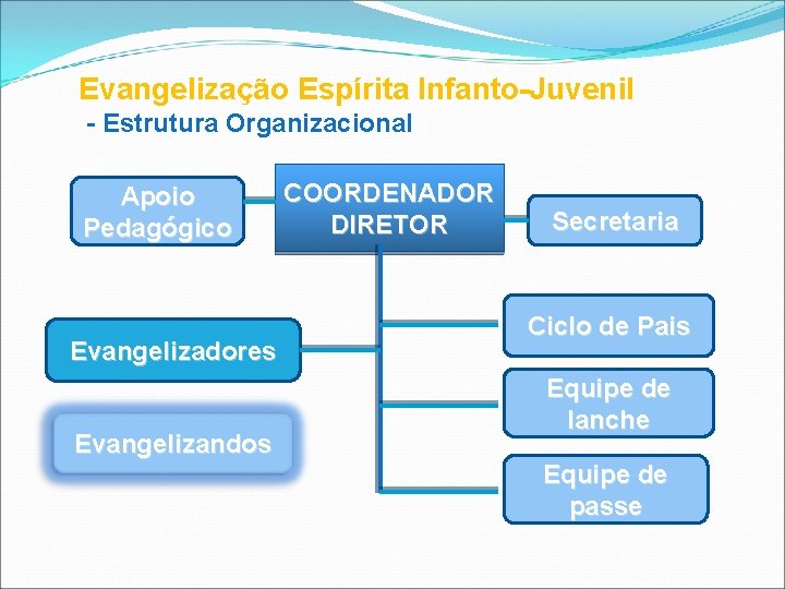 Evangelização Espírita Infanto-Juvenil - Estrutura Organizacional Apoio Pedagógico Evangelizadores Evangelizandos COORDENADOR DIRETOR Secretaria Ciclo