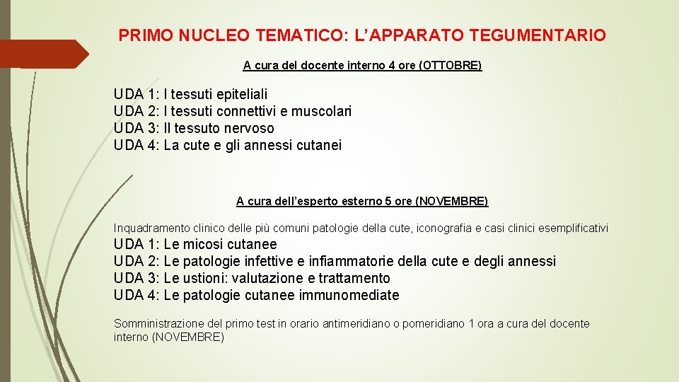 PRIMO NUCLEO TEMATICO: L’APPARATO TEGUMENTARIO A cura del docente interno 4 ore (OTTOBRE) UDA