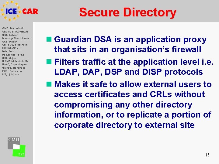 Secure Directory GMD, Darmstadt SECUDE, Darmstadt UCL, London Message. Direct, London SSE, Dublin SETECS,
