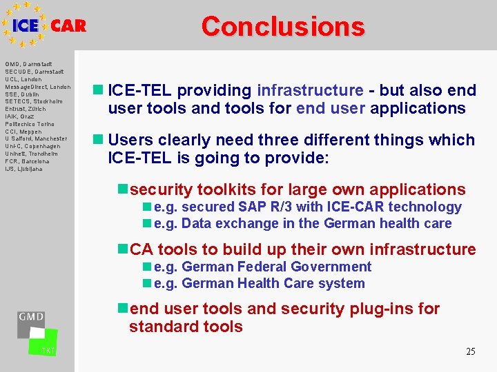 Conclusions GMD, Darmstadt SECUDE, Darmstadt UCL, London Message. Direct, London SSE, Dublin SETECS, Stockholm