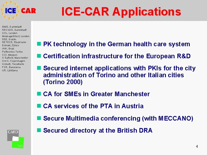 ICE-CAR Applications GMD, Darmstadt SECUDE, Darmstadt UCL, London Message. Direct, London SSE, Dublin SETECS,