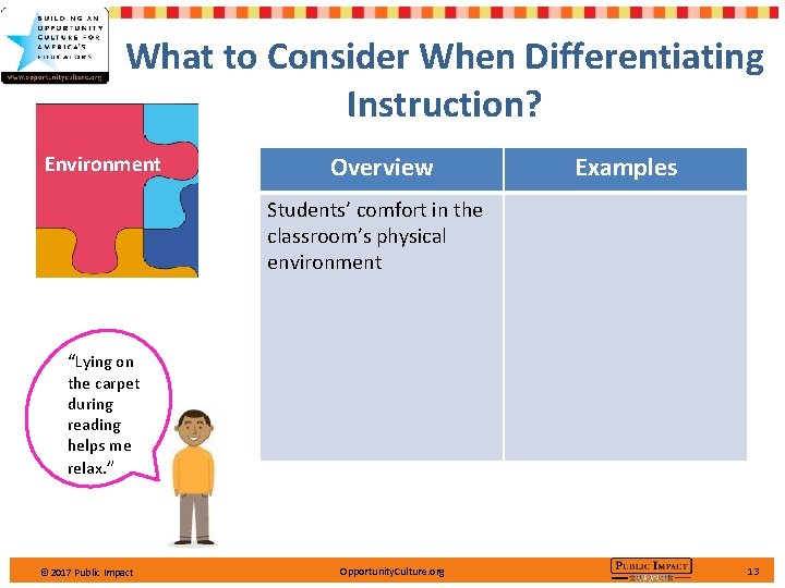 What to Consider When Differentiating Instruction? Environment Overview Examples Students’ comfort in the classroom’s