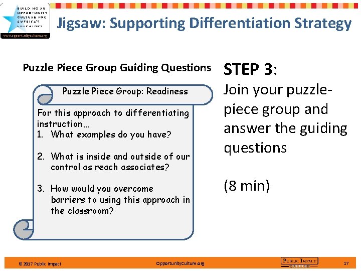 Jigsaw: Supporting Differentiation Strategy Puzzle Piece Group Guiding Questions Puzzle Piece Group: Readiness For