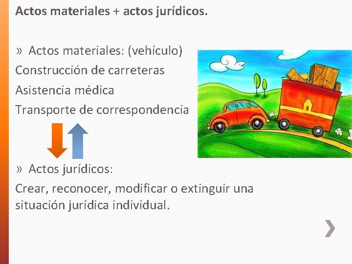 Actos materiales + actos jurídicos. » Actos materiales: (vehículo) Construcción de carreteras Asistencia médica