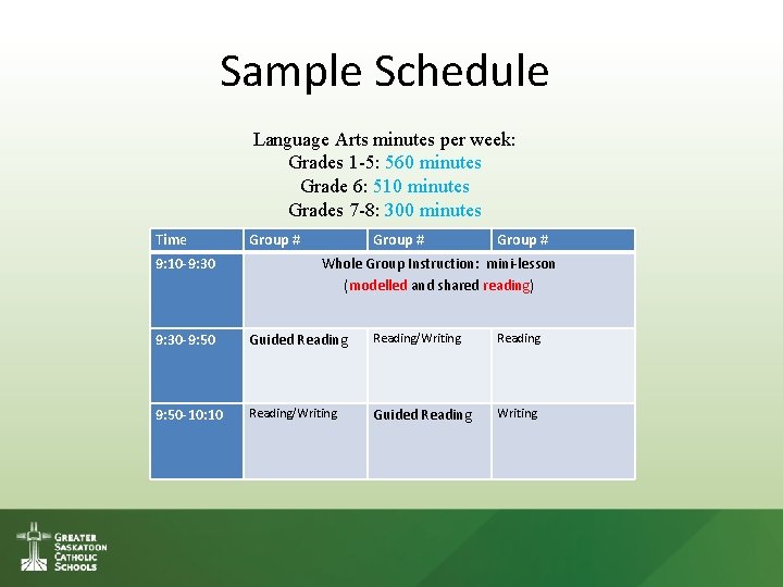 Sample Schedule Language Arts minutes per week: Grades 1 -5: 560 minutes Grade 6: Sample Schedule Language Arts minutes per week: Grades 1 -5: 560 minutes Grade 6:
