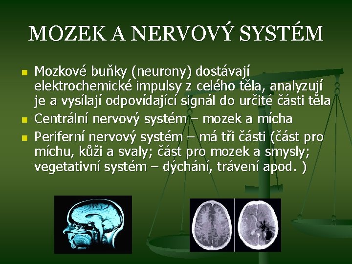 MOZEK A NERVOVÝ SYSTÉM n n n Mozkové buňky (neurony) dostávají elektrochemické impulsy z