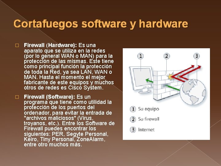 Cortafuegos software y hardware � Firewall (Hardware): Es una aparato que se utiliza en
