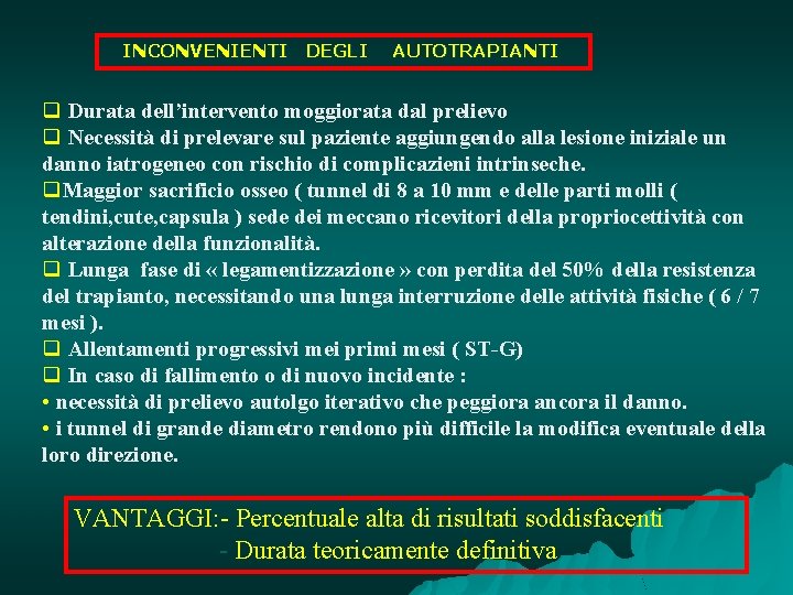 INCONVENIENTI DEGLI AUTOTRAPIANTI q Durata dell’intervento moggiorata dal prelievo q Necessità di prelevare sul