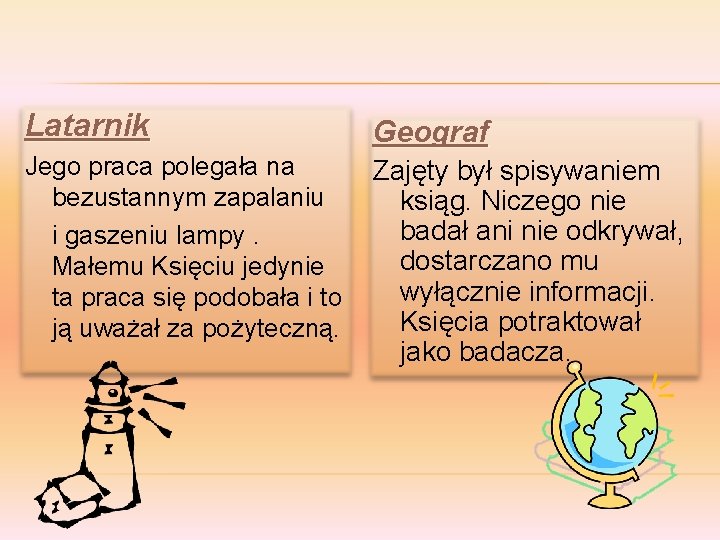 Latarnik Geograf Jego praca polegała na bezustannym zapalaniu i gaszeniu lampy. Małemu Księciu jedynie