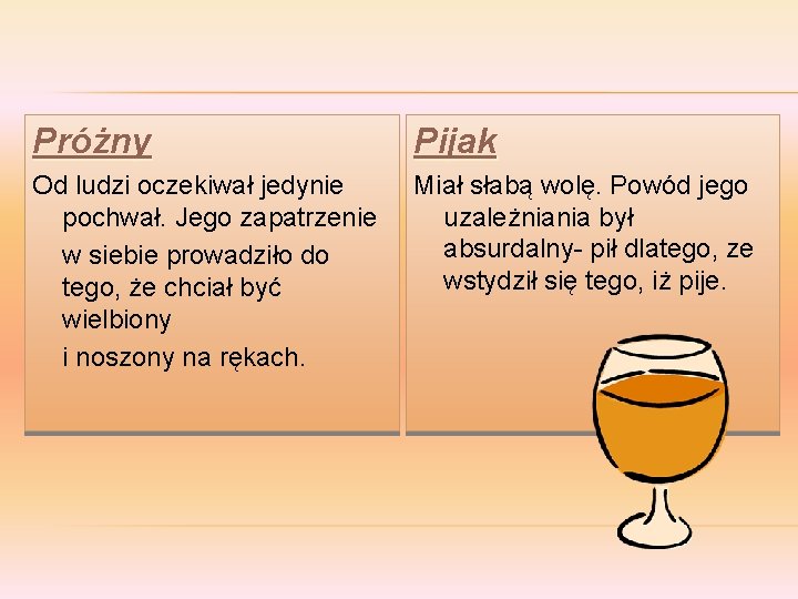 Próżny Pijak Od ludzi oczekiwał jedynie pochwał. Jego zapatrzenie w siebie prowadziło do tego, Próżny Pijak Od ludzi oczekiwał jedynie pochwał. Jego zapatrzenie w siebie prowadziło do tego,