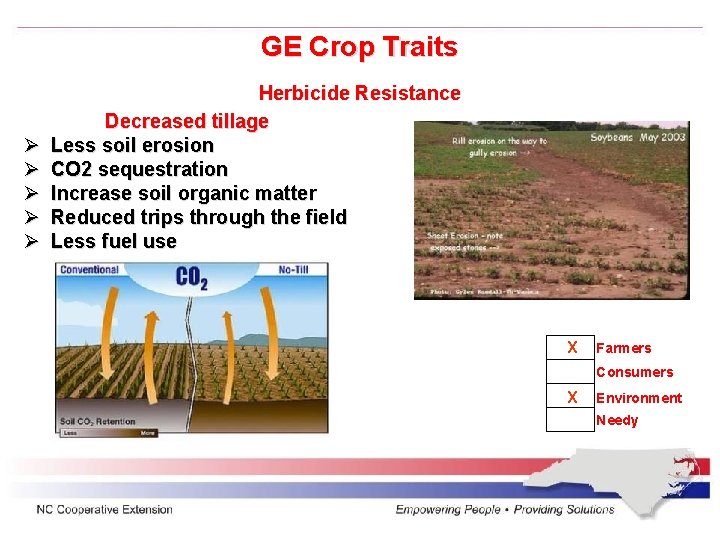 GE Crop Traits Ø Ø Ø Herbicide Resistance Decreased tillage Less soil erosion CO