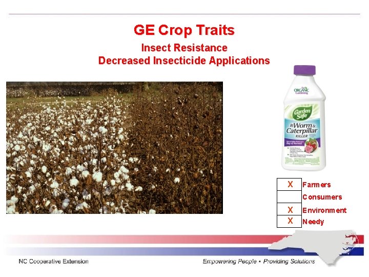 GE Crop Traits Insect Resistance Decreased Insecticide Applications X Farmers Consumers X X Environment