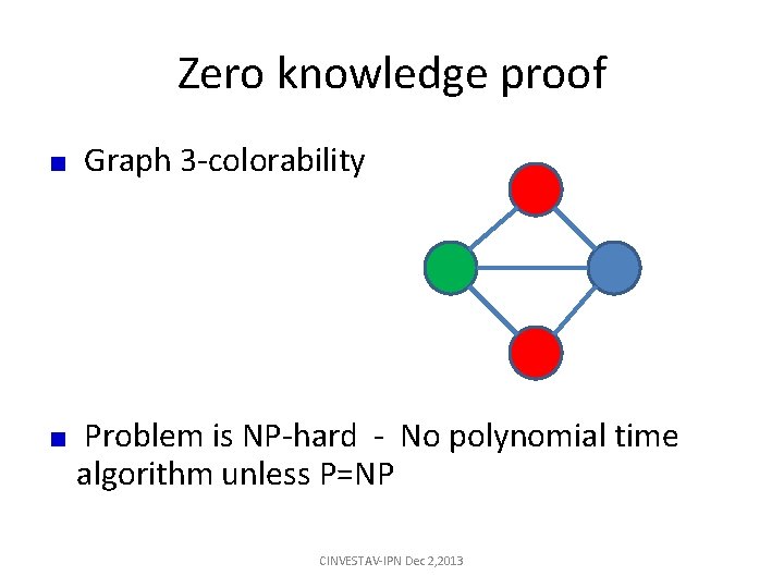 Zero knowledge proof Graph 3 -colorability Problem is NP-hard - No polynomial time algorithm Zero knowledge proof Graph 3 -colorability Problem is NP-hard - No polynomial time algorithm