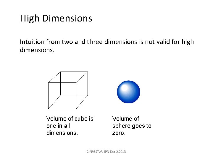 High Dimensions Intuition from two and three dimensions is not valid for high dimensions. High Dimensions Intuition from two and three dimensions is not valid for high dimensions.