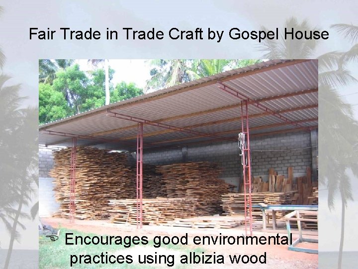 Fair Trade in Trade Craft by Gospel House Encourages good environmental practices using albizia