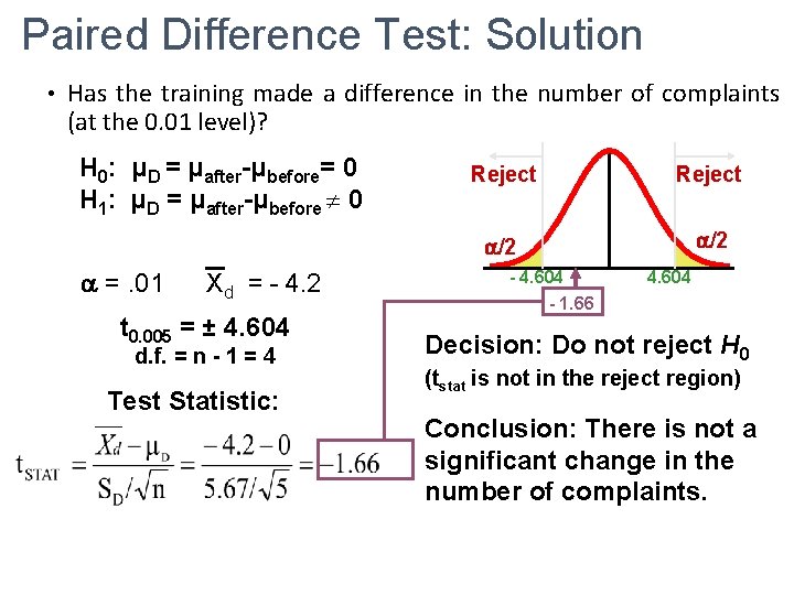 Paired Difference Test: Solution • Has the training made a difference in the number Paired Difference Test: Solution • Has the training made a difference in the number