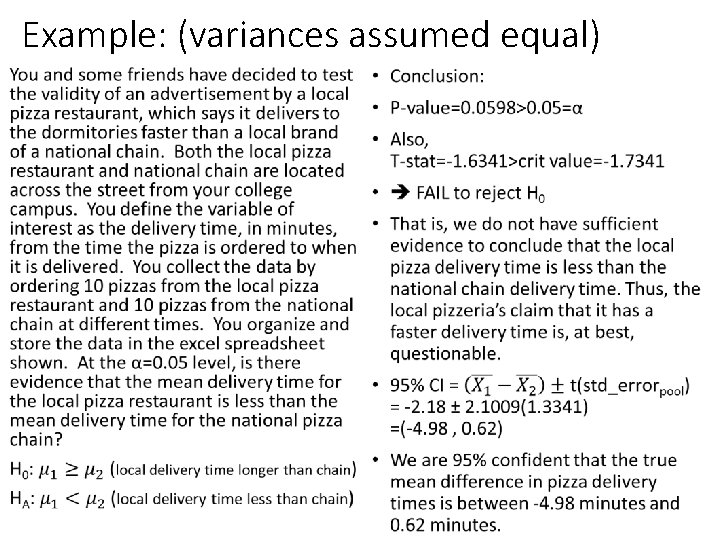 Example: (variances assumed equal) • • Example: (variances assumed equal) • •