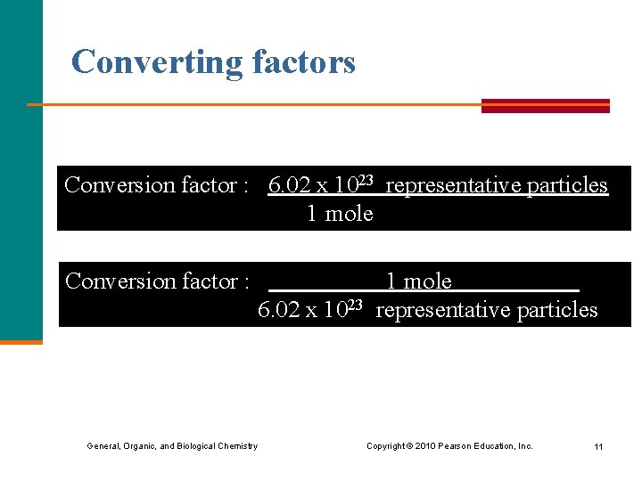 Converting factors Conversion factor : 6. 02 x 1023 representative particles 1 mole Conversion