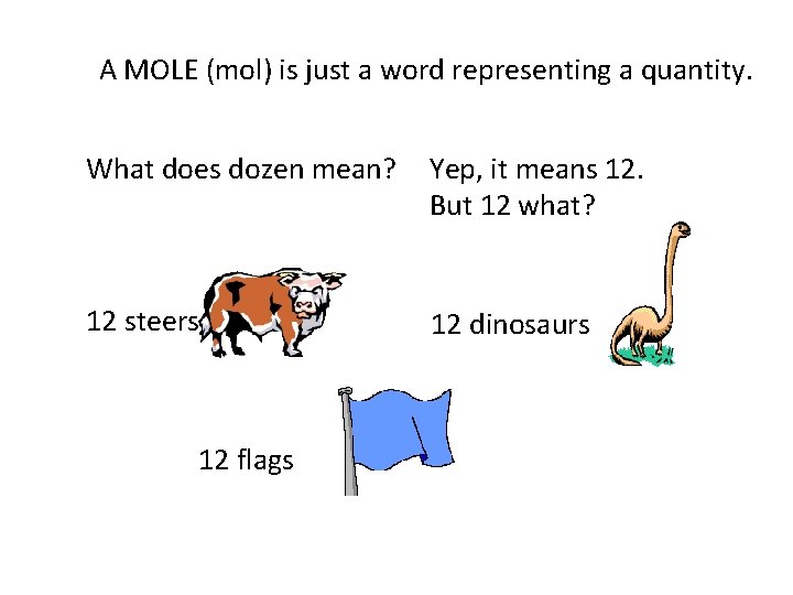 A MOLE (mol) is just a word representing a quantity. What does dozen mean?