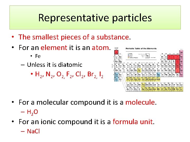 Representative particles • The smallest pieces of a substance. • For an element it