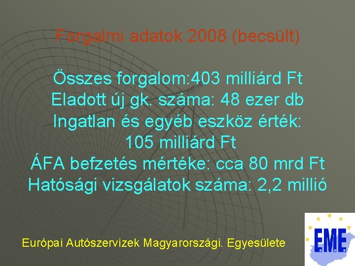 Forgalmi adatok 2008 (becsült) Összes forgalom: 403 milliárd Ft Eladott új gk. száma: 48