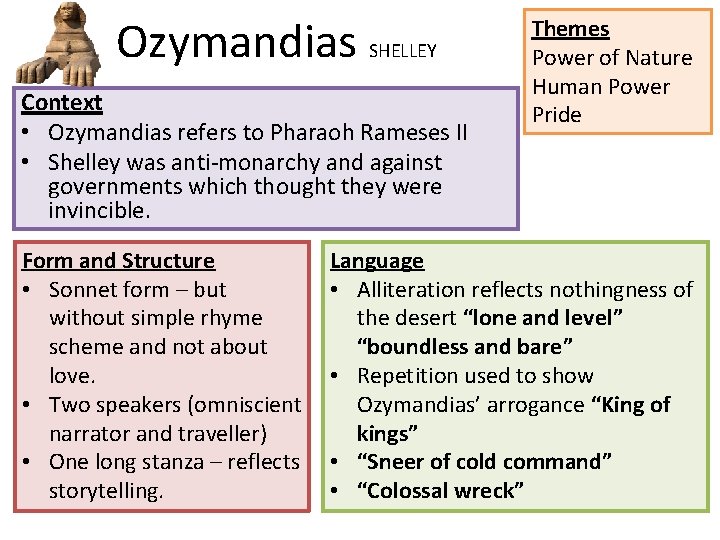 Ozymandias SHELLEY Context • Ozymandias refers to Pharaoh Rameses II • Shelley was anti-monarchy