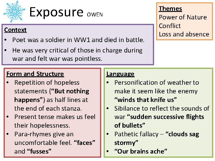 Exposure OWEN Context • Poet was a soldier in WW 1 and died in