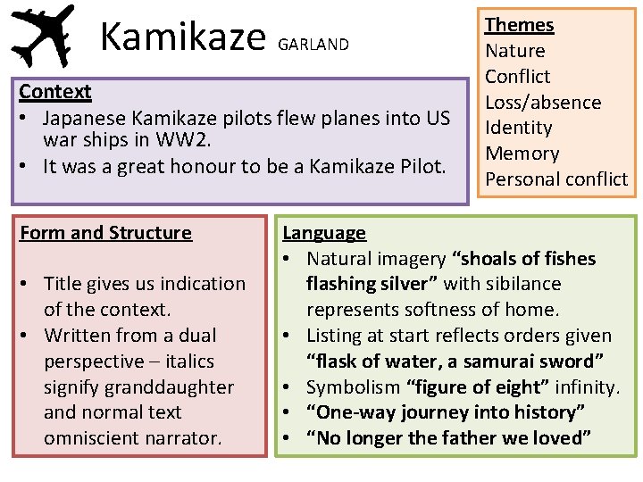 Kamikaze GARLAND Context • Japanese Kamikaze pilots flew planes into US war ships in