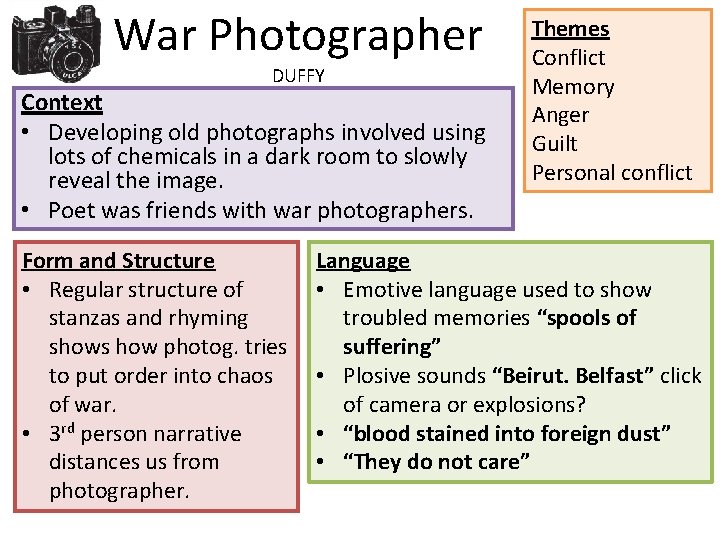 War Photographer DUFFY Context • Developing old photographs involved using lots of chemicals in