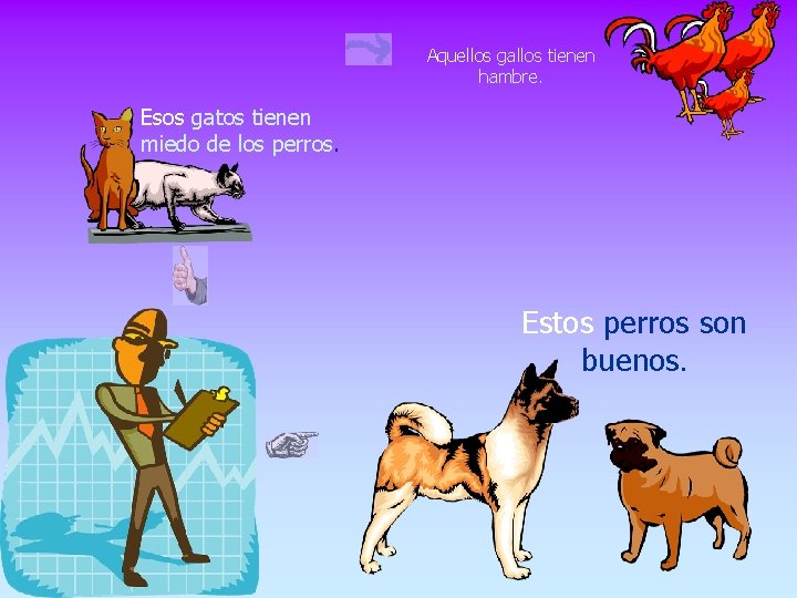 Aquellos gallos tienen hambre. Esos gatos tienen miedo de los perros. Estos perros son