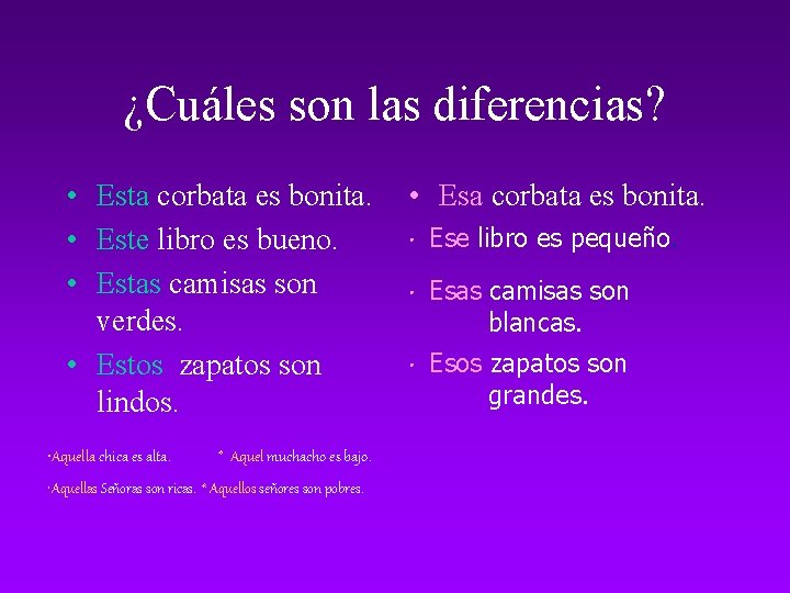 ¿Cuáles son las diferencias? • Esta corbata es bonita. • Este libro es bueno.