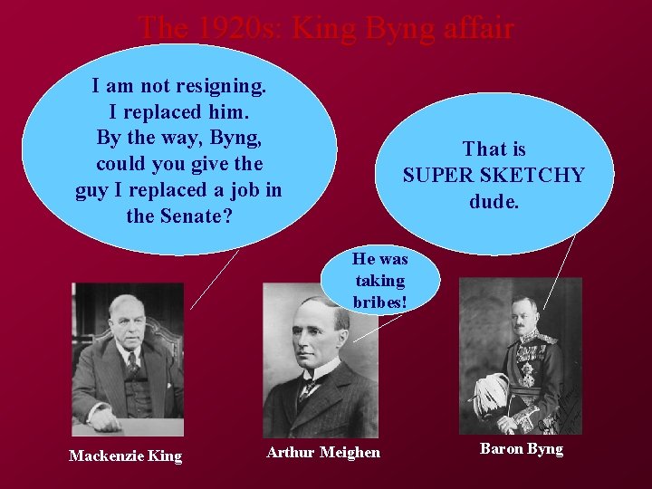 The 1920 s: King Byng affair I am not resigning. I replaced him. By