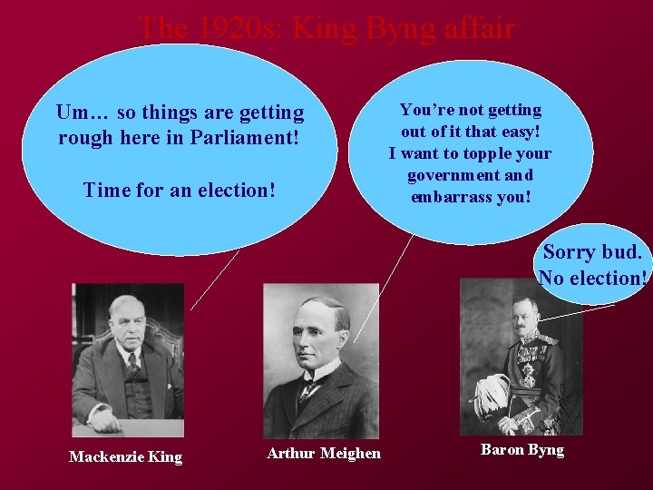 The 1920 s: King Byng affair Um… so things are getting rough here in