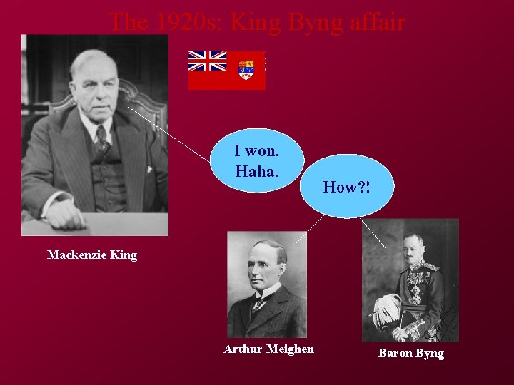 The 1920 s: King Byng affair I won. Haha. How? ! Mackenzie King Arthur