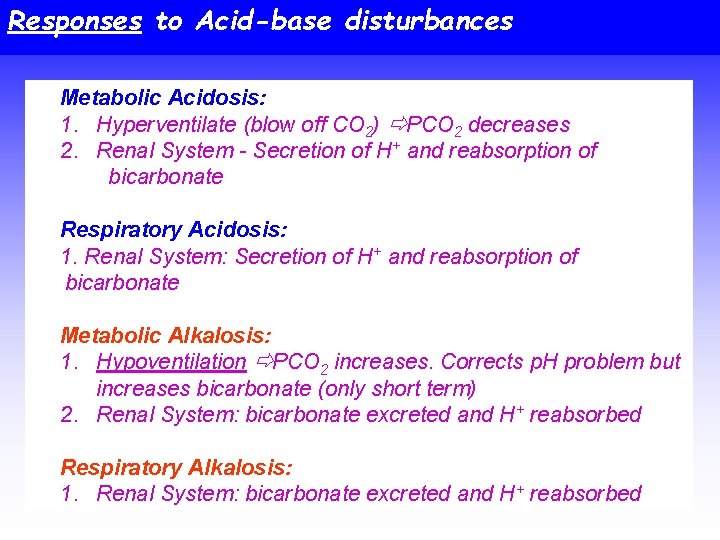 Responses to Acid-base disturbances Metabolic Acidosis: 1. Hyperventilate (blow off CO 2) PCO 2