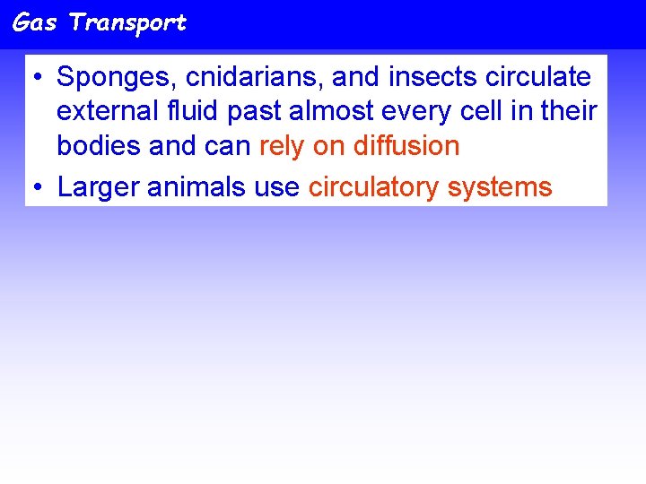Gas Transport • Sponges, cnidarians, and insects circulate external fluid past almost every cell