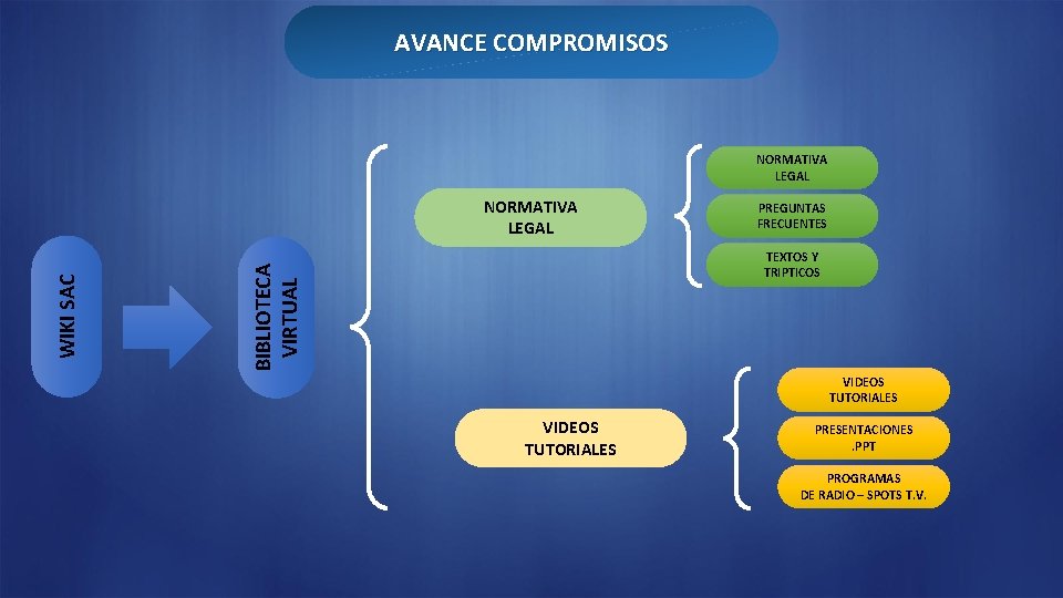 AVANCE COMPROMISOS NORMATIVA LEGAL PREGUNTAS FRECUENTES TEXTOS Y TRIPTICOS BIBLIOTECA VIRTUAL WIKI SAC NORMATIVA