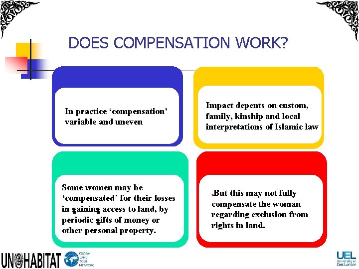 DOES COMPENSATION WORK? In practice ‘compensation’ variable and uneven Impact depents on custom, family,