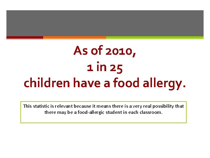 As of 2010, 1 in 25 children have a food allergy. This statistic is