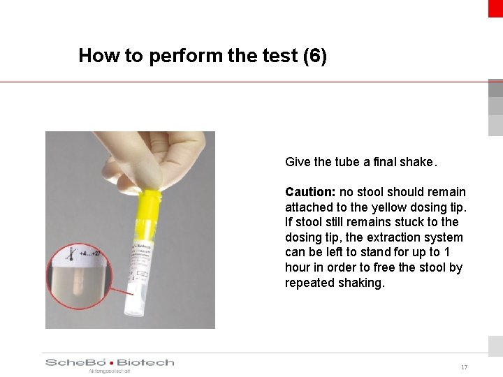 How to perform the test (6) Give the tube a final shake. Caution: no