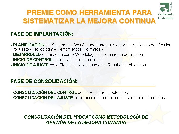 PREMIE COMO HERRAMIENTA PARA SISTEMATIZAR LA MEJORA CONTINUA X aniversario X. urteurrena FASE DE