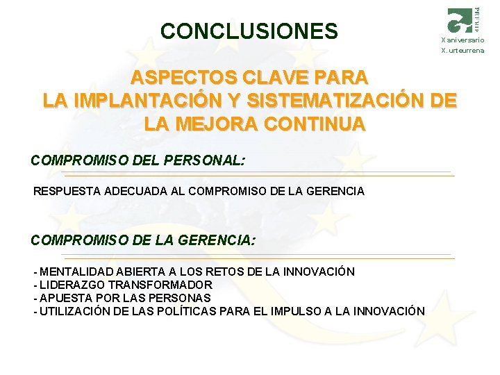 CONCLUSIONES X aniversario X. urteurrena ASPECTOS CLAVE PARA LA IMPLANTACIÓN Y SISTEMATIZACIÓN DE LA