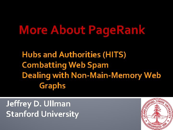 More About Page. Rank Hubs and Authorities (HITS) Combatting Web Spam Dealing with Non-Main-Memory